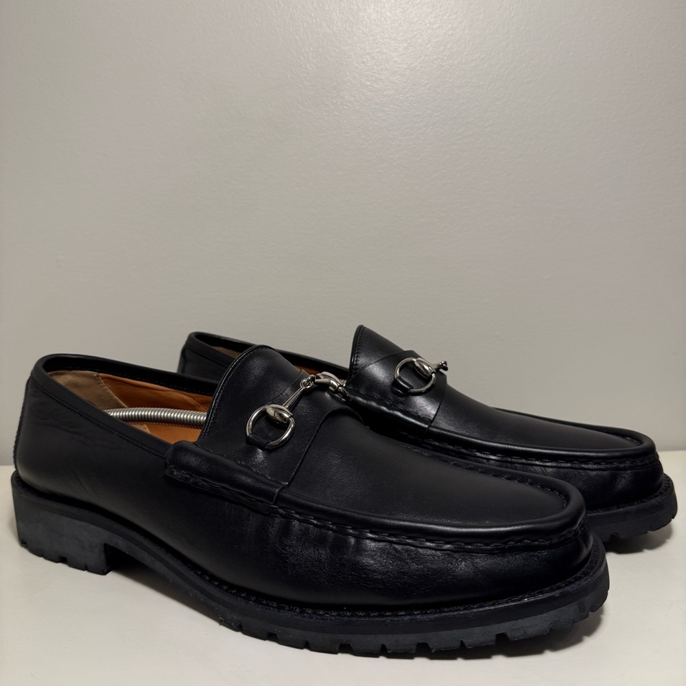 Gucci Horse Bit Lug Sole Black Leather Loafer Men’s Size 12.5 Brass Brown Logo